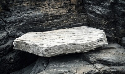 Flat white rock on dark cliff face, ideal for product placement.