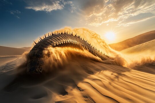 A desert-dwelling sandworm bursting out of the dunes under a blazing sun