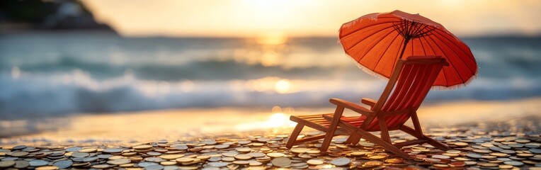 A retirement plan concept showing a beach chair and coins, symbolizing leisure after savings.