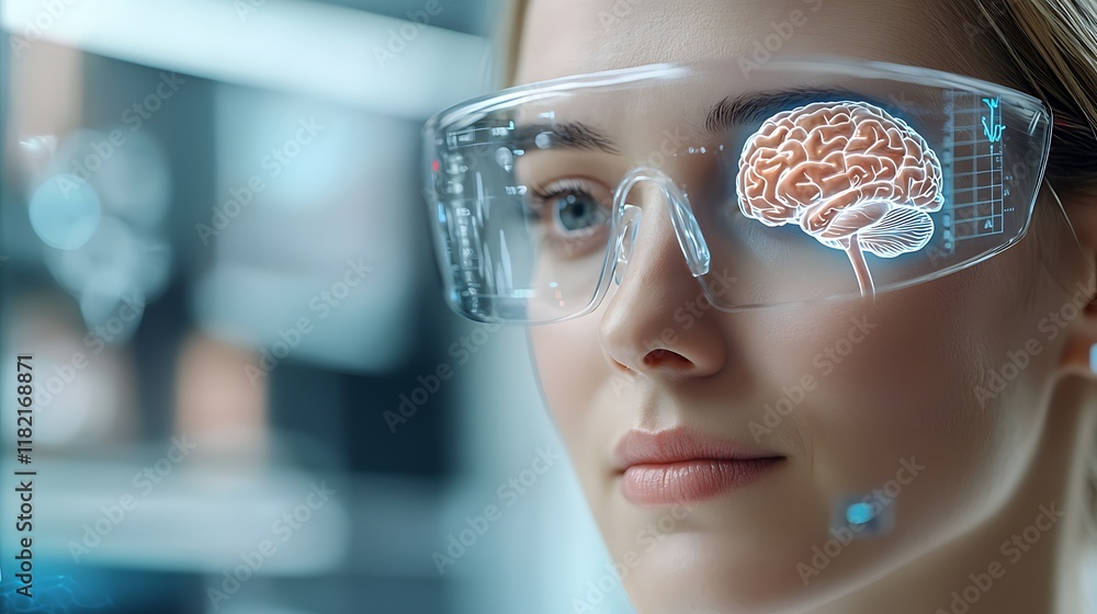 Poster virtual mental health check in displayed through futuristic holographic brain scan interface for adv