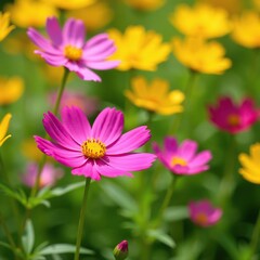 Obraz premium Cosmos flowers in a sunny garden with yellow daisies, garden, daisy
