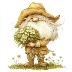 A whimsical gnome with a long white beard, wearing a yellow hat, holds a bouquet of flowers amidst green grass and clover blossoms.