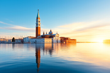 Fototapeta premium Stunning view of St. Mark Square at sunset, showcasing iconic bell tower and beautiful architecture reflected in calm waters. serene moment in Venice