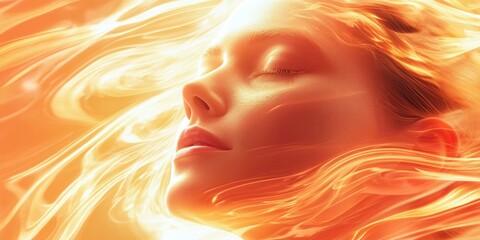 Ethereal portrait of young caucasian female with fiery abstract background.
