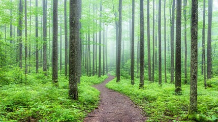 Obraz premium Misty Forest Path Winding Through Lush Green Woods