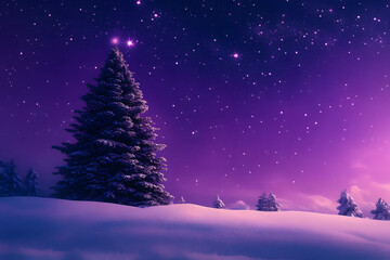 Naklejka premium Beautiful spruce tree against magic snowy landscape with dark blue and purple night starry sky. Happy New Year and Merry Christmas. Winter holidays celebration background. Color of 2025