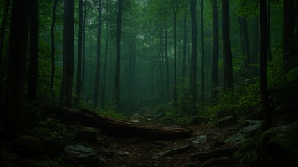 Obraz premium Misty Forest Path, Green Canopy, Fallen Log Trail