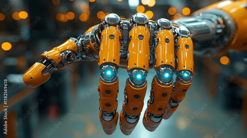 Poster a highly precise image illustrates a robotic hand interfacing with a futuristic keyboard, highlighti