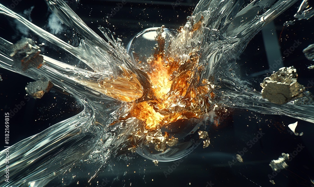 Poster glass sphere exploding with fire and debris, dark background, vfx element.