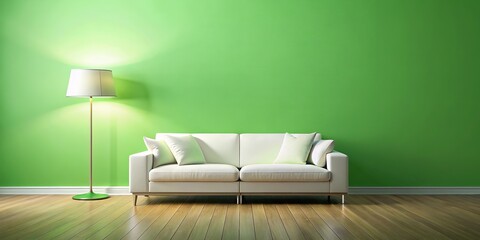 Green room interior with white sofa and floor lamp.  A photorealistic scene.
