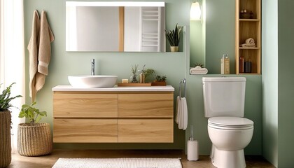 Modern minimalist bathroom interior with light green walls and wooden vanity