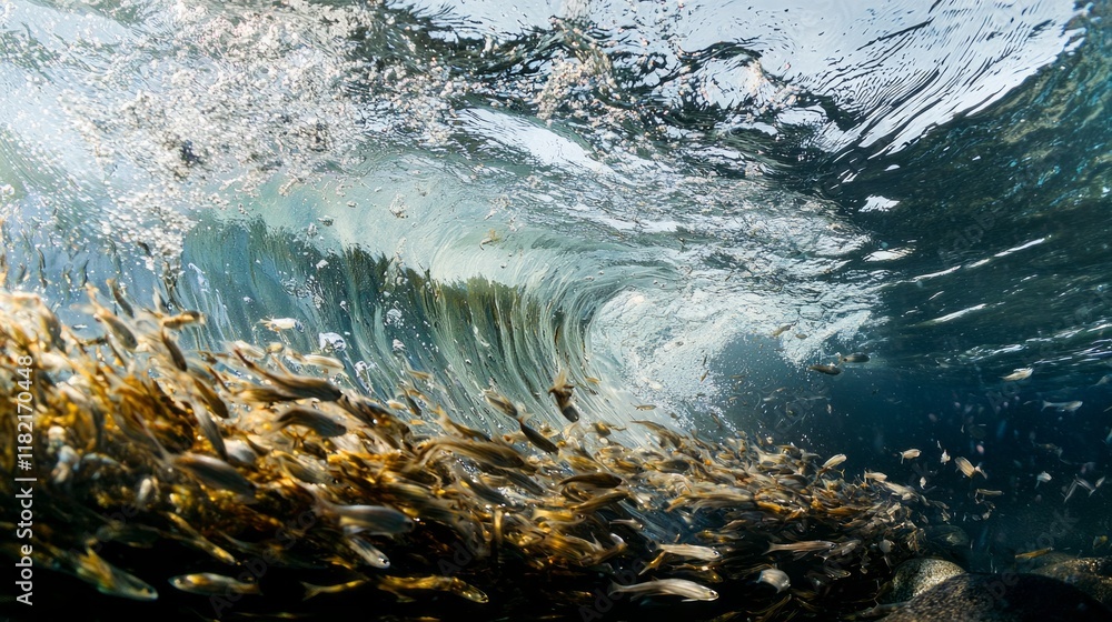 Poster powerful waves surge into tide pools, creating a mesmerizing display of marine life and foamy surf. 