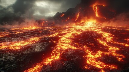 A boulder is slowly melted by lava, with this interaction prominently highlighted