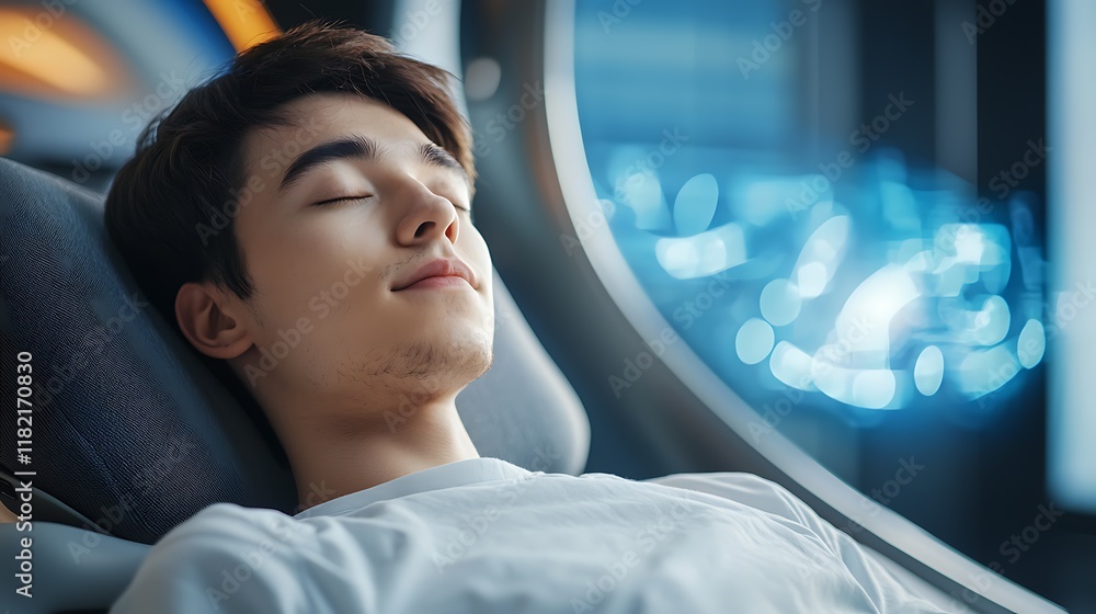 Poster a person with their eyes closed appearing calm and relaxed while engaging with a futuristic holograp