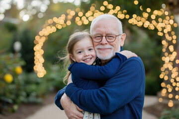 A joyful moment of a grandfather and granddaughter hugging outdoors. They both smile warmly, with twinkling lights in the background creating a magical atmosphere