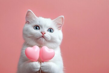 A cute white fluffy cat holding pink heart-shaped balloons, ideal for Valentine's Day promotions, birthday greetings, or any affectionate celebration.