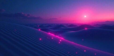 Desert sand dunes with neon lights glowing softly at dusk, light, surreal