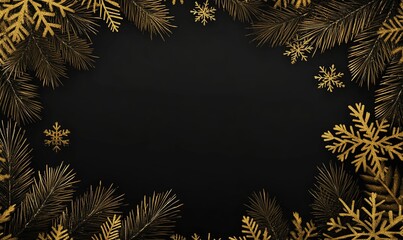Naklejka premium Gold snowflakes and pine branches frame on black background for holiday card or banner.