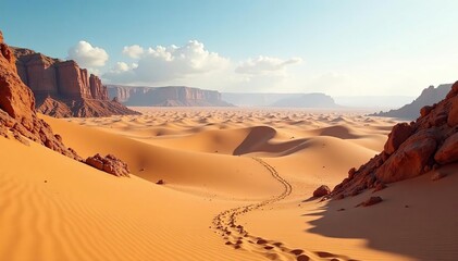 Naklejka premium Dune field with shifting sands and rugged rocks, desert terrain, dune field