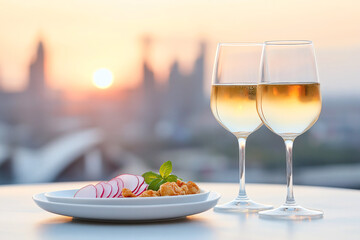 Naklejka premium Two glasses of white wine with plate of food, featuring radishes and mint, set against beautiful sunset skyline. scene evokes sense of relaxation and enjoyment