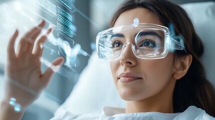 Woman Engaging with Futuristic Holographic Breathing Meditation Interface for Wellness and Relaxation  Advanced Digital Healthcare Technology Concept for Mindfulness Calmness and Wellbeing