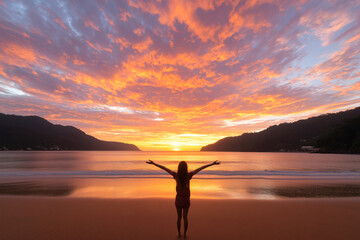 young woman stands on beach with open arms, embracing vibrant sunset. colorful sky reflects on calm water, creating serene and joyful atmosphere