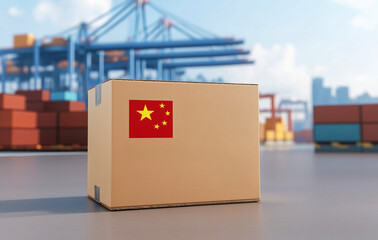 A cardboard box with the Chinese flag sits in a bustling shipping port. The background features stacked containers and cranes, symbolizing international trade and export