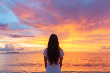 Fototapeta premium young woman stands by ocean, arms open wide, embracing vibrant sunset. sky is filled with hues of orange, pink, and purple, creating serene atmosphere