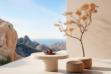 serene modern outdoor space featuring round table, two stools, and tree with autumn leaves. stunning mountain view and ocean backdrop create tranquil atmosphere