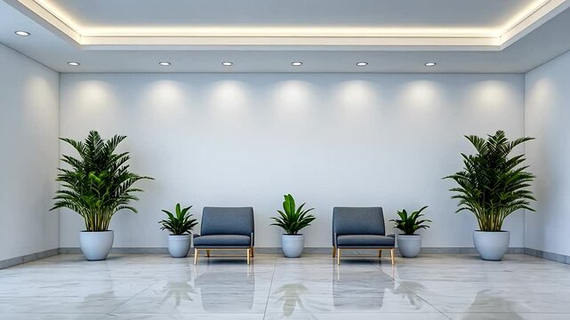 Modern minimalist waiting room with stylish potted plants and chairs, ideal for wellness or relaxation themes