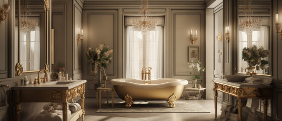 A wide-angle shot of a pristine bathroom featuring a freestanding marble bathtub, white marble walls, and a polished stone floor. Large windows let in