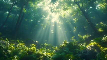 Obraz premium Sunbeams Illuminate Lush Forest Floor and Canopy