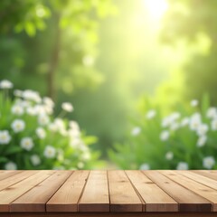 Selective focus.End grain wood counter top with cutting board on blur greeny flower garden in morning with nature light