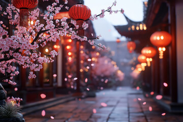 A festive street adorned with red Chinese lanterns and blooming cherry blossoms. Falling petals and...