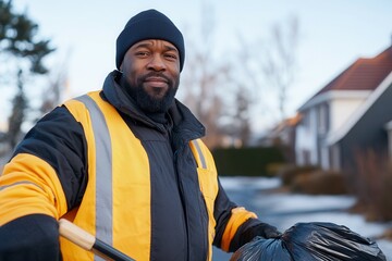 Obraz premium Winter street cleaning by janitor with broom in residential neighborhood. Black History Month