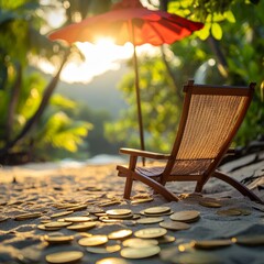 A retirement plan concept showing a beach chair and coins, symbolizing leisure after savings.