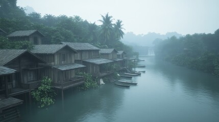 Naklejka premium Misty River Village Houses Boats Tranquil Scene