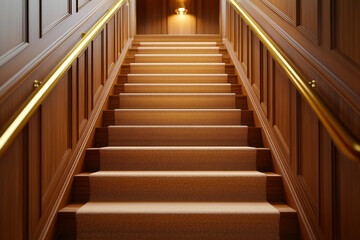 Fototapeta premium Traditional wooden staircase with a soft carpet runner - perfect for home interior inspirations or real estate listings