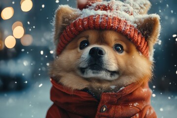 Social marketing - Ð°nimal care. Problem of freezing animals. Sad cute adult dog chow chow in winter warm clothes, icy air from nose and mouth in icy wind. Dog snow fun. Puppy frost outfit.