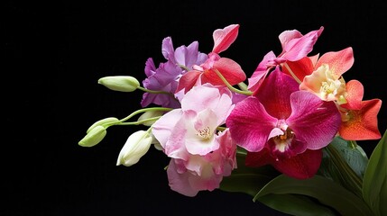Fototapeta premium Colorful Orchid Bouquet with Various Shades, Fresh Blooms on Black Background
