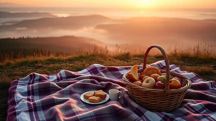 Sunrise Picnic in the Mountains: A delightful picnic scene unfolds on a plaid blanket atop a mountain, overlooking a breathtaking sunrise over misty valleys.