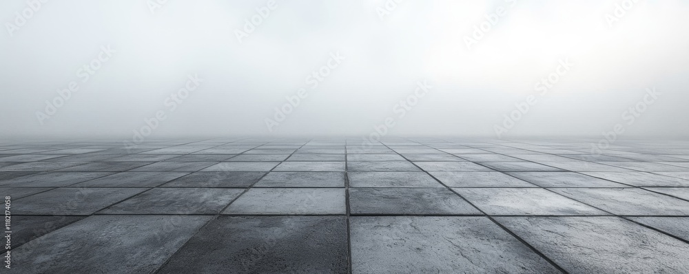 Poster a foggy landscape featuring a smooth, tiled surface extending into the distance, creating an etherea