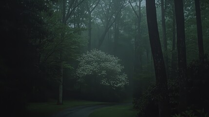 Fototapeta premium MistyForestPathWhiteFloweringTreeMorningScene