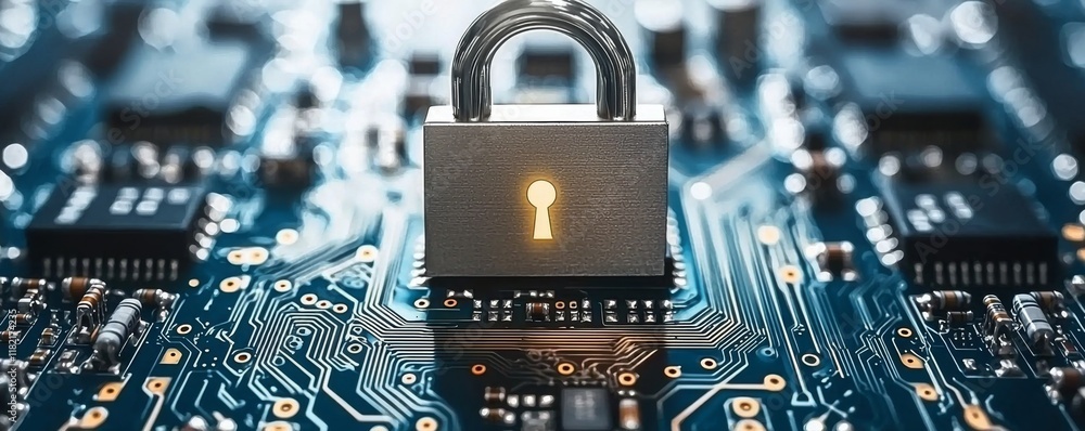 Aufkleber a digital lock sits prominently on a circuit board, symbolizing cybersecurity and data protection in