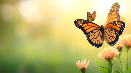 Naklejka premium Monarch Butterflies on Blooming Flowers in Sunlight