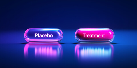 one pill labeled Placebo and one pill labeled Treatment in neon color placed on a glass surface