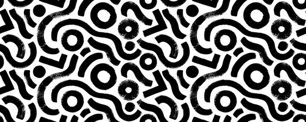 Seamless graffiti style banner design with grunge squiggles and circles. Grunge doodle seamless pattern. Brush drawn organic geometric shapes and bold curved lines. Trendy vector design. © Anastasiia Hevko