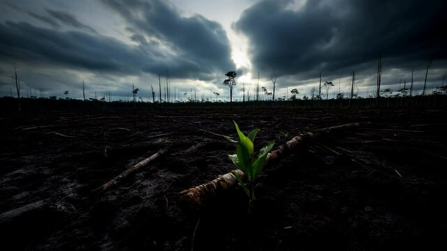 Green sprout growing from burnt forest ground with stormy sky. Environmental protection campaigns, reforestation projects