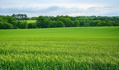 Fototapeta premium Green field, trees, cloudy sky. Ideal for nature, agriculture themes.