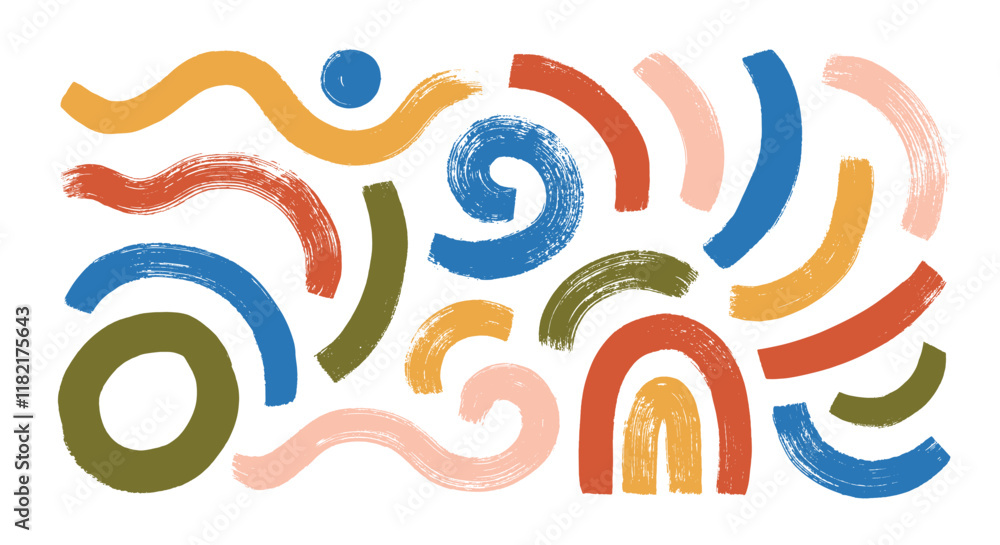 Poster Collection of colorful curved bold lines, arches and circular brush strokes. Hand drawn thick rough lines, swirls. Abstract modern vector squiggles. Scribble doodle strokes for collages and design.
